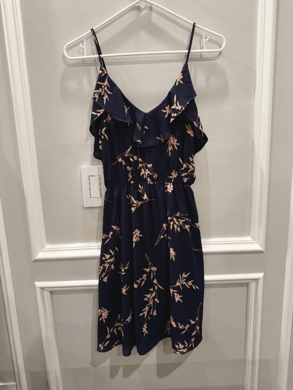 AQUA Navy Blue Floral Ruffle Cami Dress Size XS